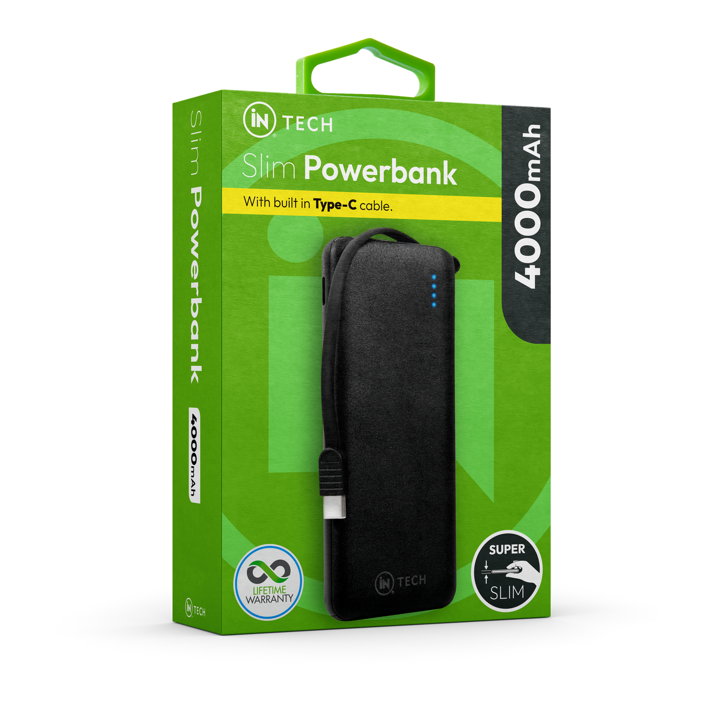 IN TECH 4000mAh Slim Powerbank | Ultra-Slim Portable Charger with Built-in Type-C Cable | Compact - DSL