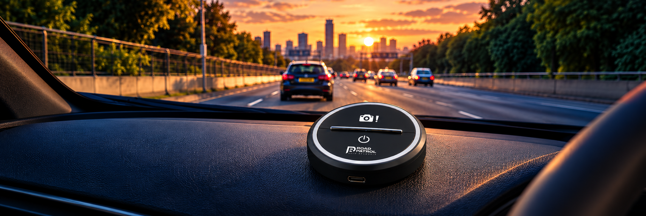 RYDAR on a dashboard overlooking a UK road at sunset