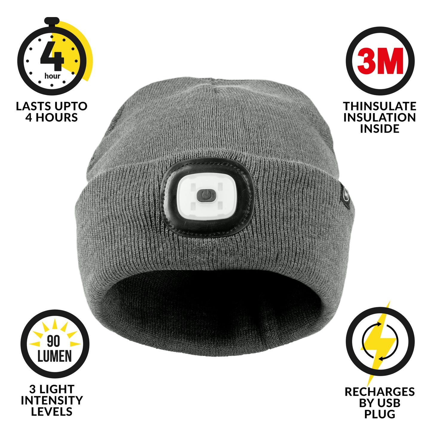 Rechargeable LED Light Thinsulate Beanie Hat (Unisex) (Grey) - DSL