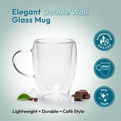 iN Insulated Glass Mug 350ml – Double Wall Borosilicate Glass Coffee Cup for Hot & Cold Drinks - DSL