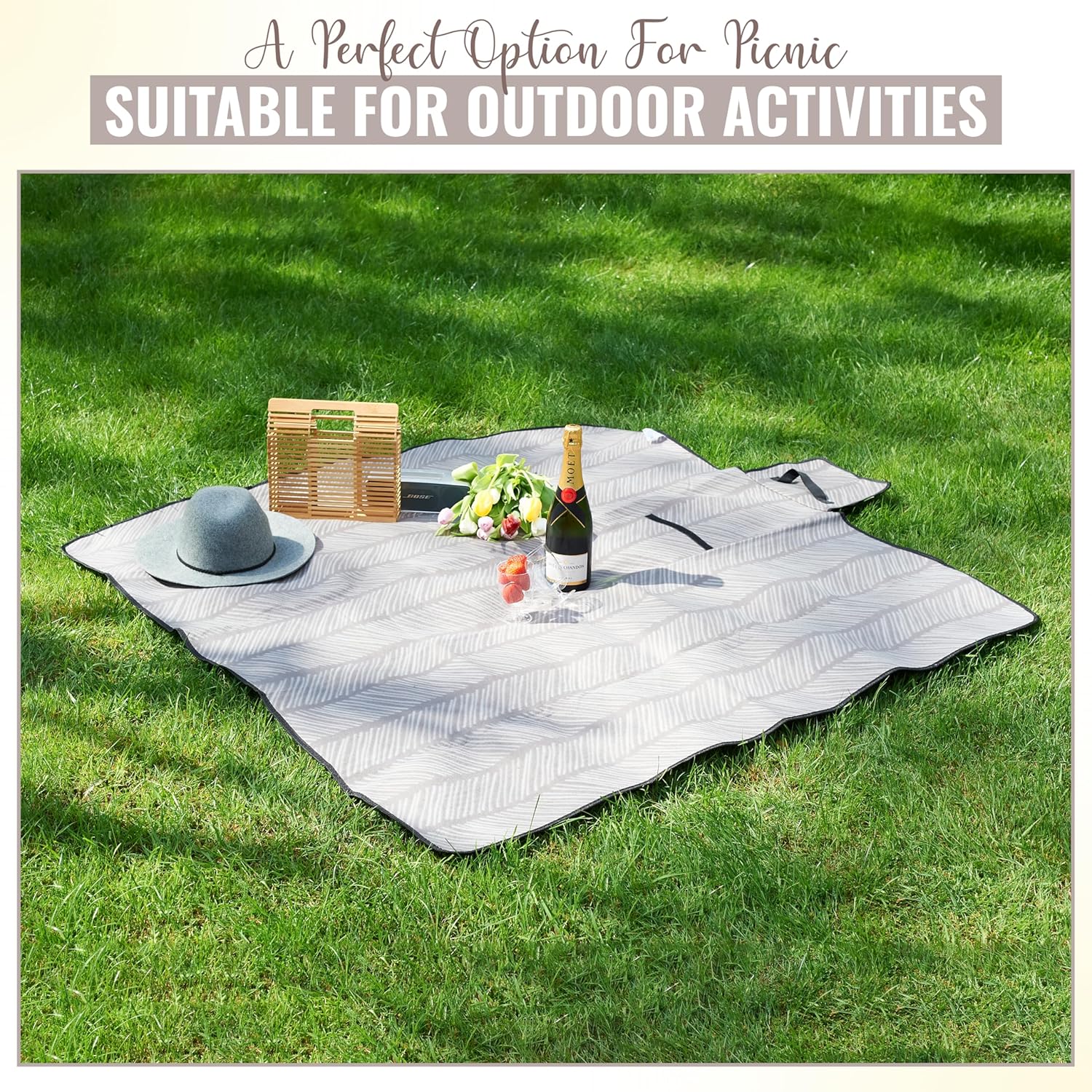 iN Premium Picnic Blanket Waterproof Backing - Waterproof Picnic Mat with Carrying Handle - Sand proof - Machine Washable -Generous Size 132cm x132cm