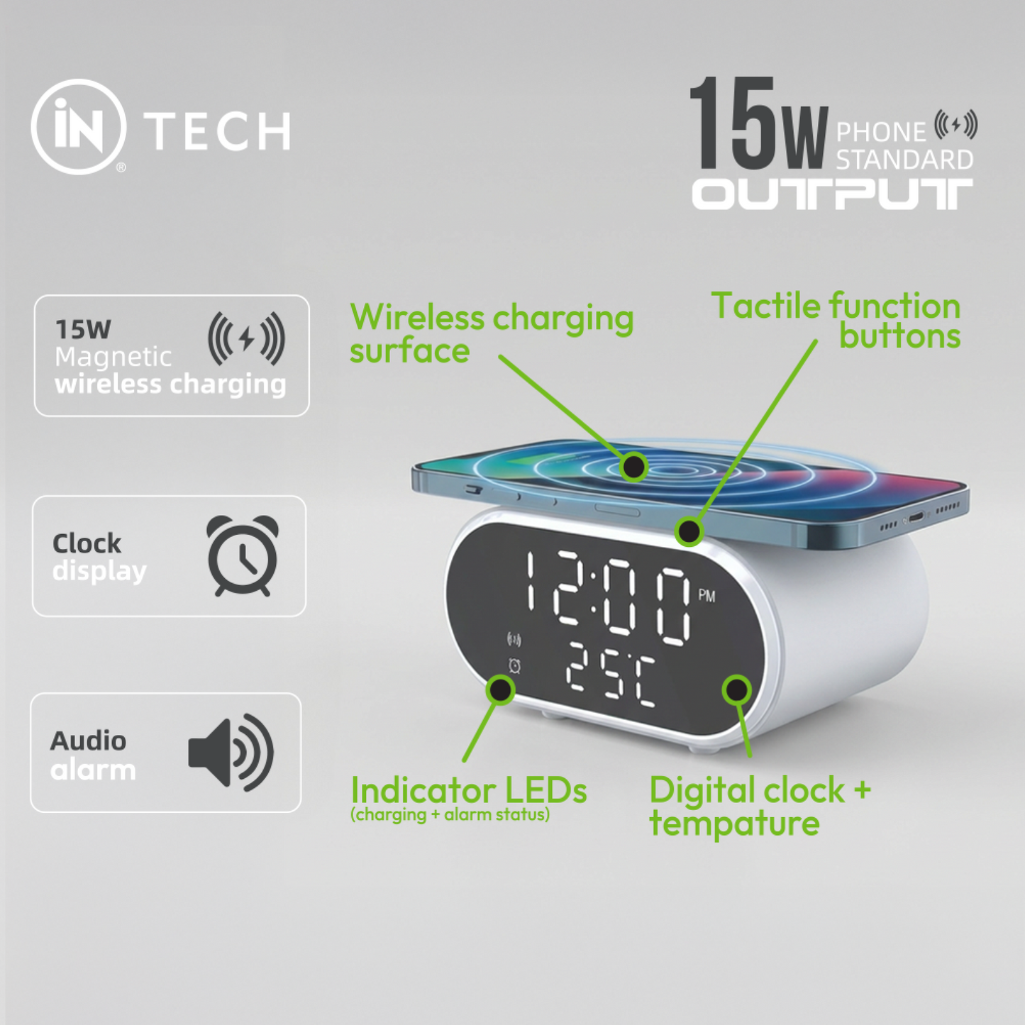 2-in-1 Digital Wireless Charging Alarm Clock | 15W Fast Qi Charger