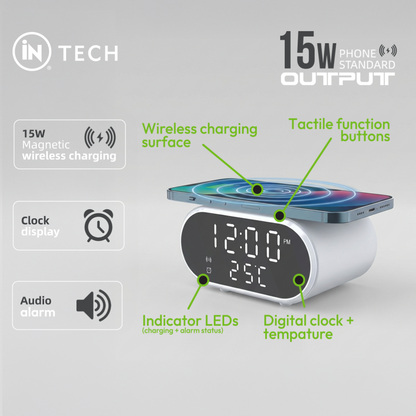 2-in-1 Digital Wireless Charging Alarm Clock | 15W Fast Qi Charger