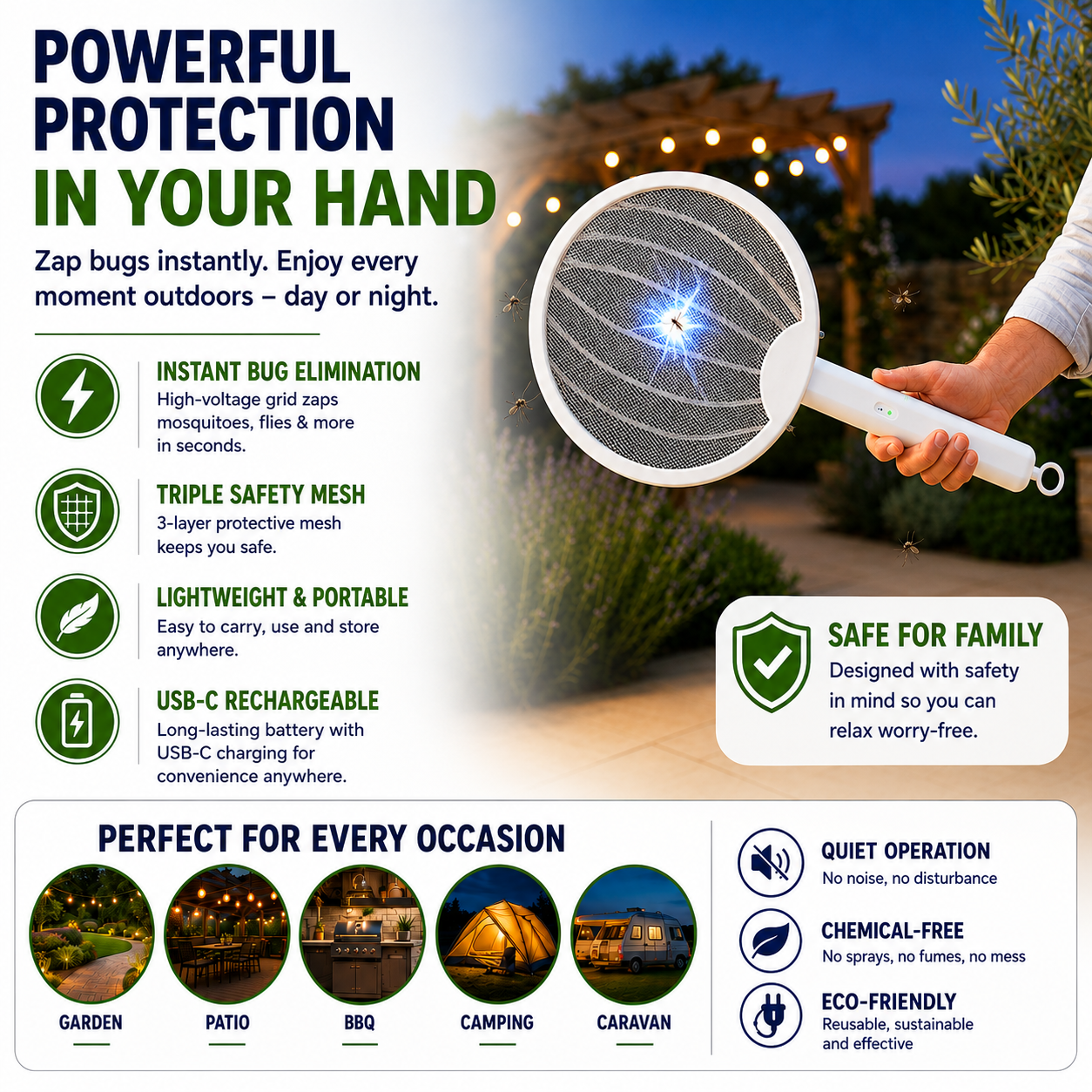 3-in-1 Rechargeable Bug Zapper Racket
