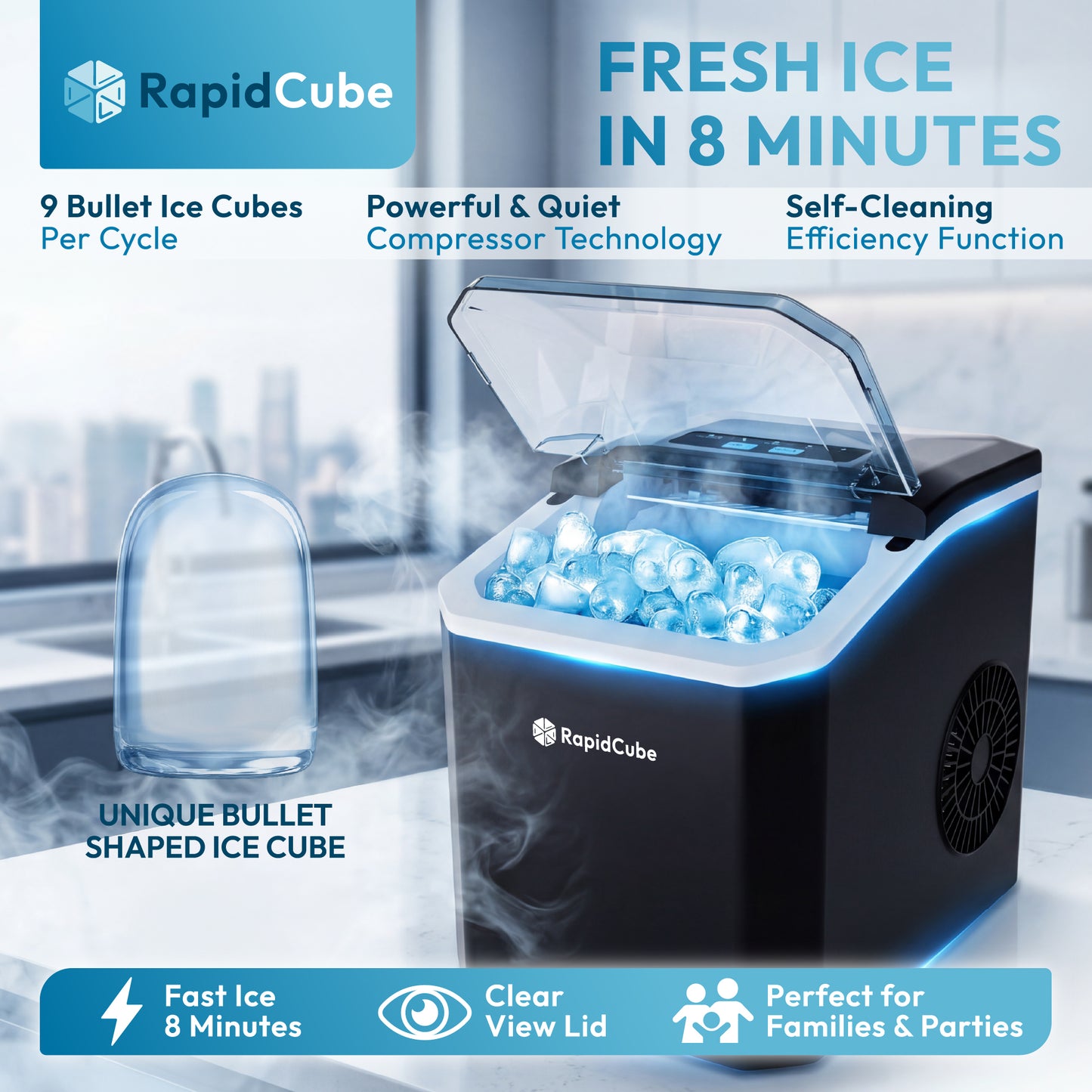 iN Ice Maker Machine – 9 Bullet Ice Cubes in 8 Mins, 12kg Daily Output
