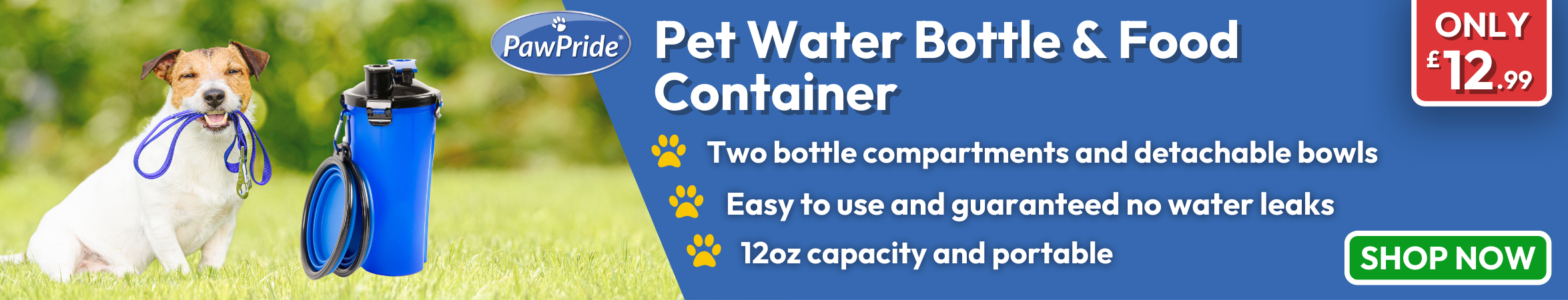 ﻿PawPride's dogs water bottle, is perfect for those summer days out and about, and needing to keep your best friend hydrated.
