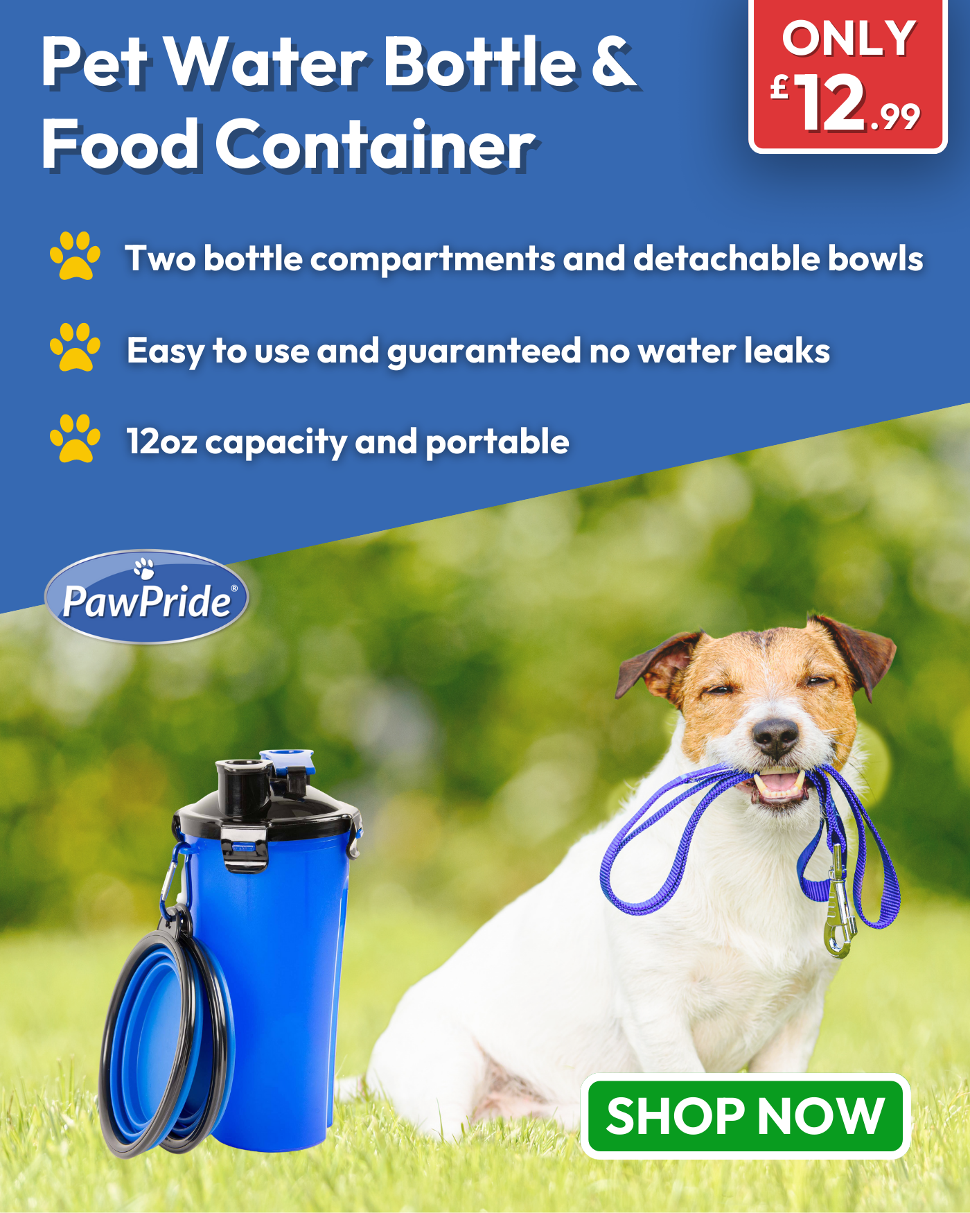 ﻿PawPride's dogs water bottle, is perfect for those summer days out and about, and needing to keep your best friend hydrated.