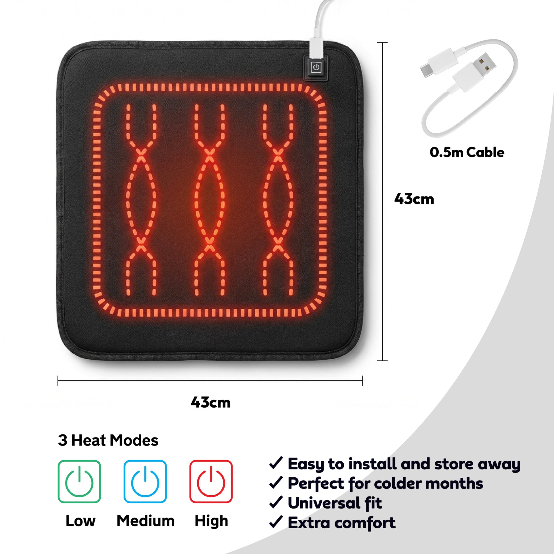iN Universal Heated Seat Cushion | Portable Heating Pad with Adjustable Temperature  44X44cm - DSL