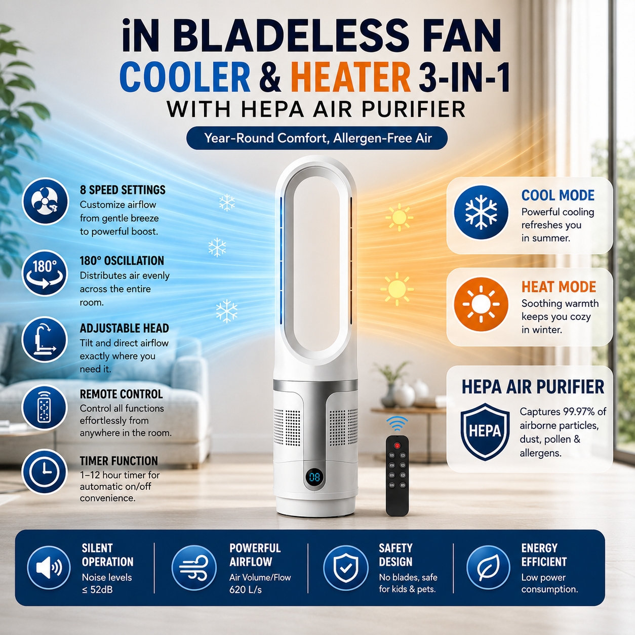 iN Bladeless Fan Cooler & Heater 3-in-1 with HEPA Air Purifier – 8 Speed with Remote Control | Hot & Cool Tower Fan | Allergen-Free Air