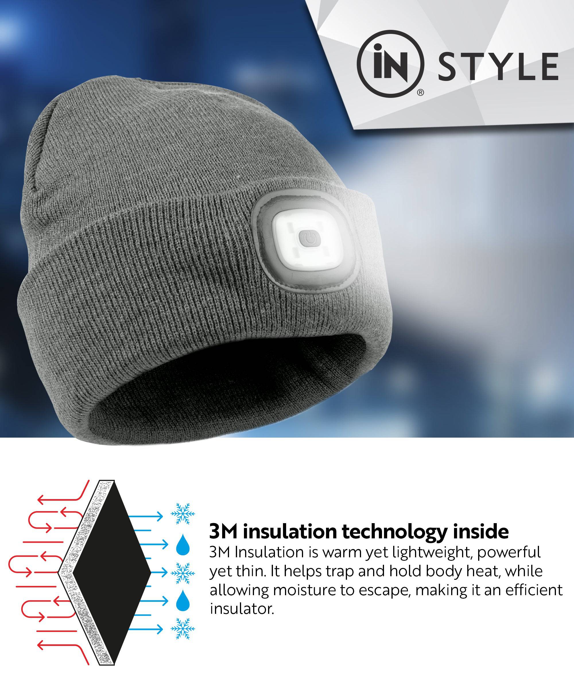 Rechargeable LED Light Thinsulate Beanie Hat (Unisex) (Grey) - DSL