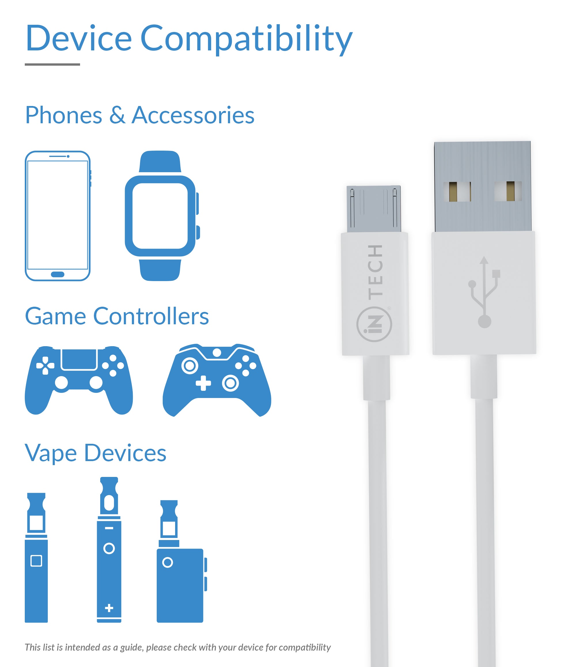 Micro USB Cable Charger and Data Transfer Cable 1.2m (White) - iN Tech - DSL